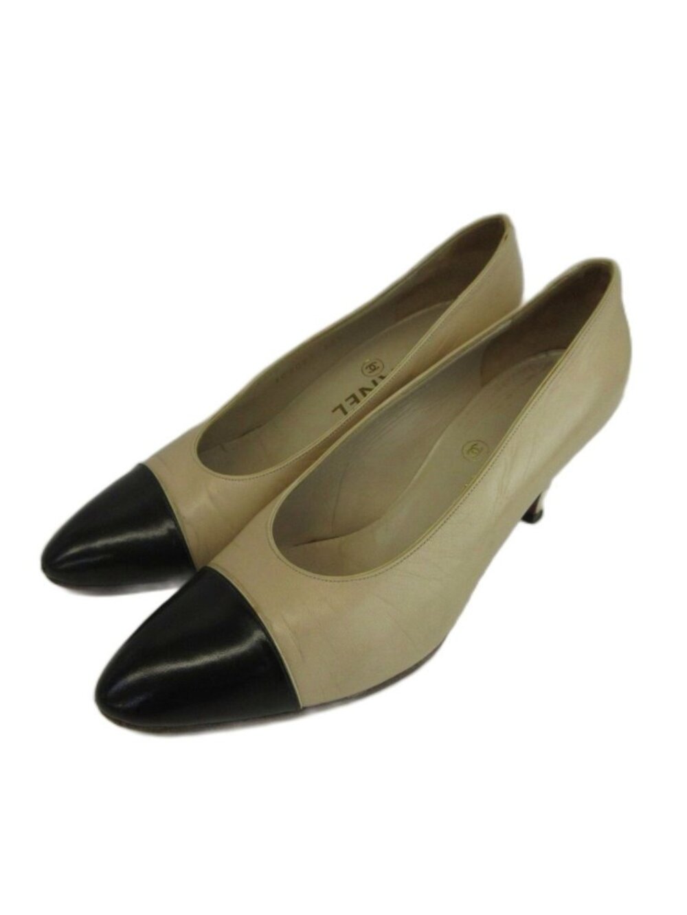 Chanel Pumps Leather Cap Toe Middle Heels Bicolor Beige Black